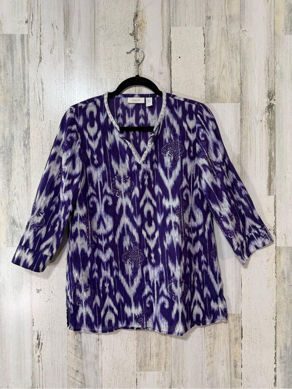 Chico's Purple & White Ikat V-Neck Tunic